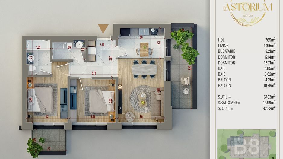 3 camere finisat in complex de lux cu piscina exterioara Titan Pallady - Schiță 1