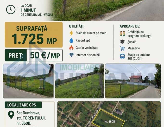 Teren intravilan de vânzare, Dumbrava, com. Ciurea, Iași – 1725 mp - Poză 1