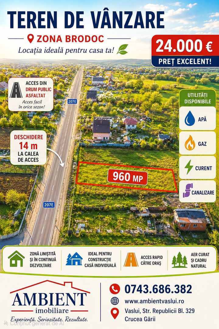 TEREN INTRAVILAN 960 mp, VASLUI zona BRODOC; - Poză 1