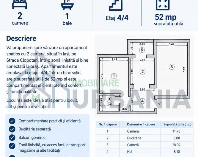 Apartament 2 camere decomandat, etaj 4/4, Iași - Poză 1