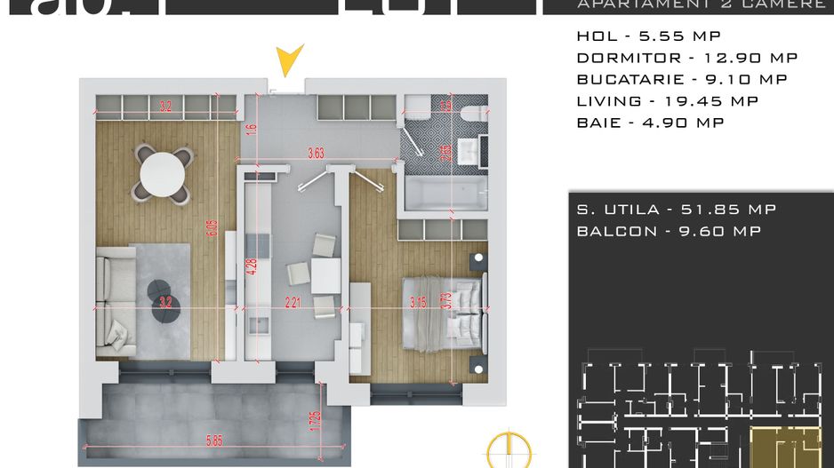 2 camere decomandat -parcare inclusa -Pallady - Schiță 12