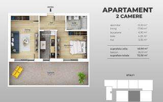 Apartament nou 2 camere si balcon 26 mp, bloc finalizat, Brancoveanu - Schiță 7
