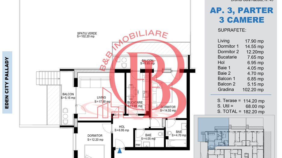3 Camere cu gradina 102mp -Titan Pallady-Metrou Teclu - Schiță 2