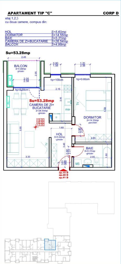 Apartament 41, Corp D – 2 camere | 53,28 mp | Etaj 3 | Jabri Nord Resi - Poză 4