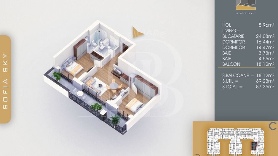 Apartament 3 camere cu 2 bai Finalizat 7 min Metrou Teclu - Schiță 3