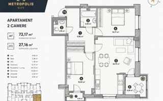 Apartament cu 2 camere | 73,17 m² | METROPOLIS City | Botanica, Chișinău - Schiță 1