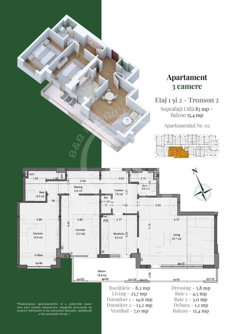 Apartament 3 camere Living 25mp Dressing Th. Pallady Metrou Teclu - Schiță 3