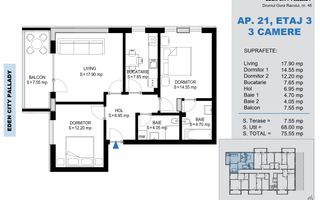 Apartament decomandat 3 Camere -Titan Pallady-Metrou Teclu - Schiță 1