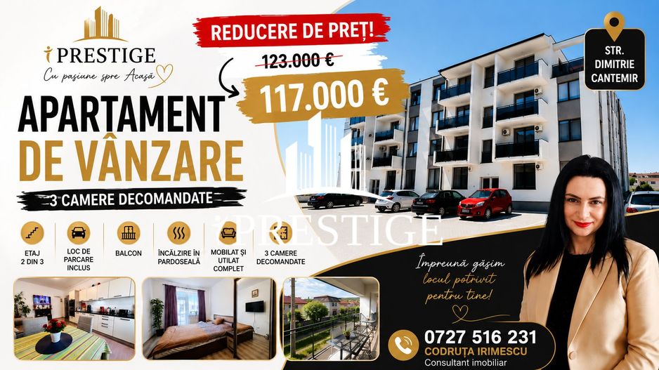 APARTAMENT 3 CAMERE DE VÂNZARE | ȘELIMBĂR | ETAJ 2 | BALCON | PARCARE - Poză 1