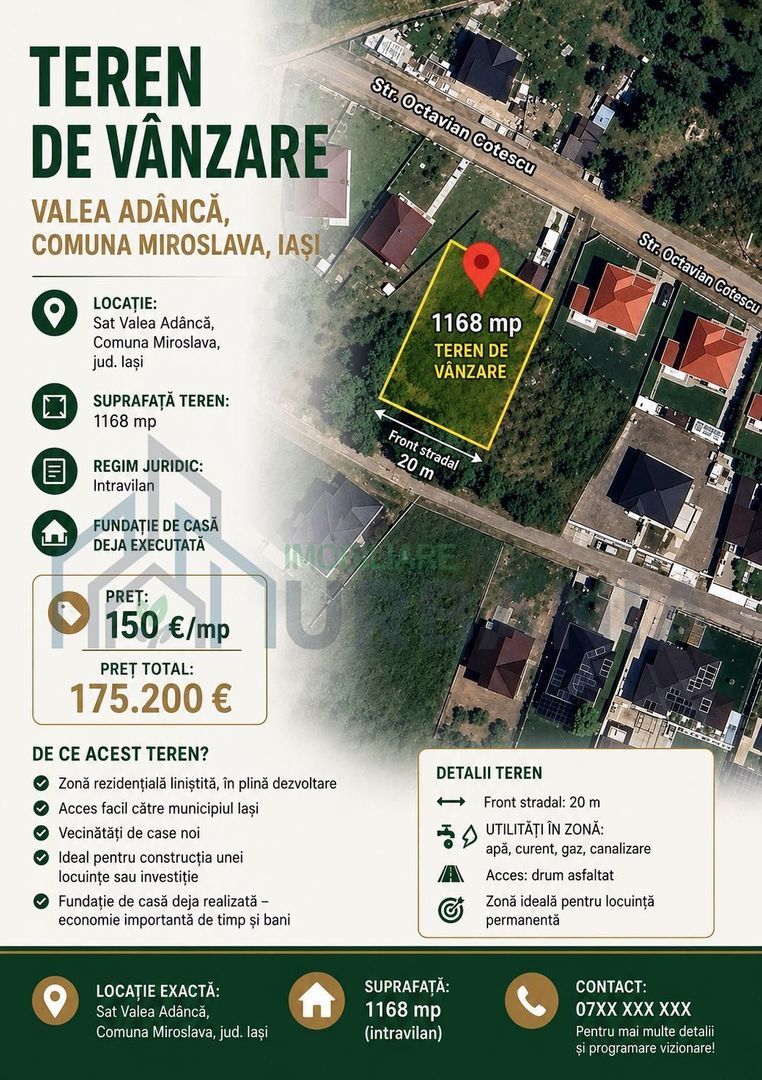 Teren de vânzare în Valea Adâncă, Miroslava, Iași – 1168 mp, intravilan - Poză 2