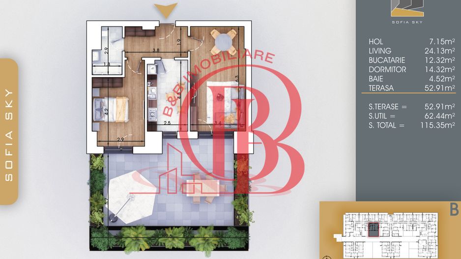 Bloc Finalizat Apartament 2 camere cu Terasa 7min Metrou - Schiță 1