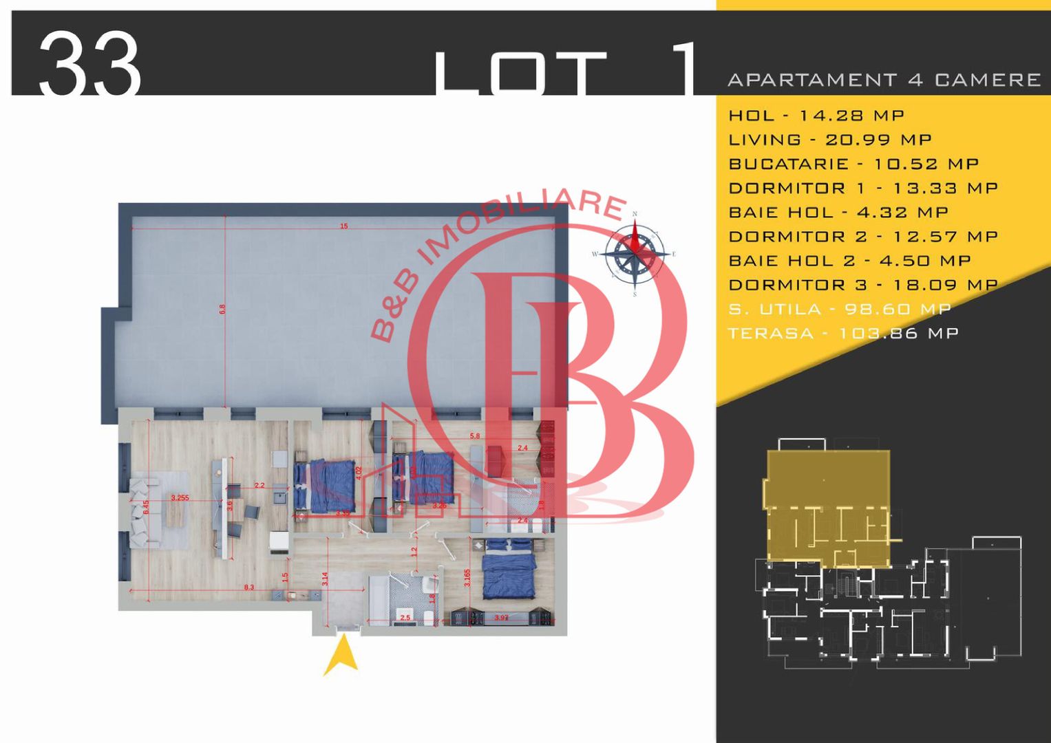4 camere cu terasa de 100/mp  -parcare gratuita - Schiță 10