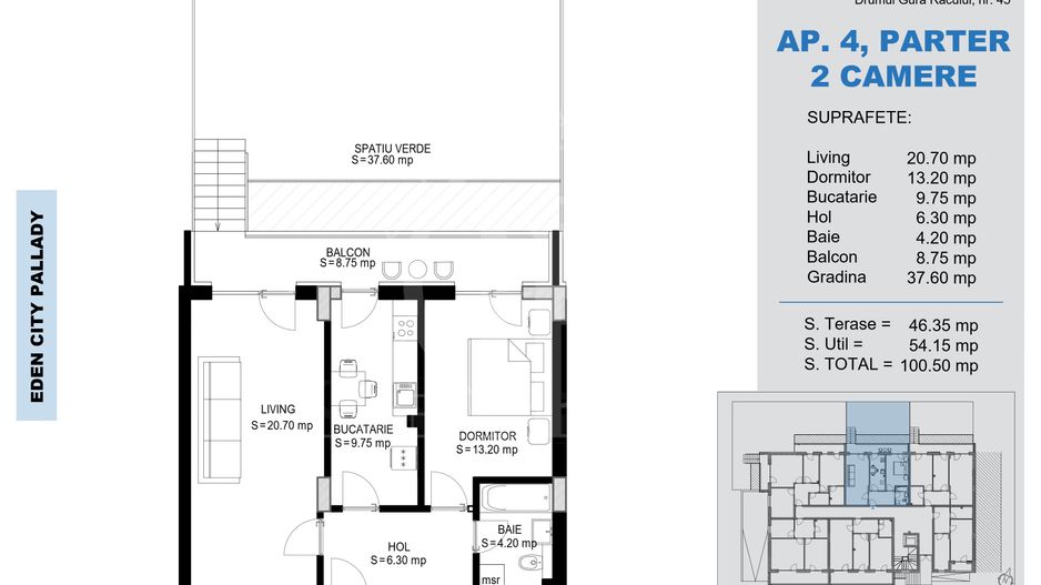 2 Camere cu gradina 37mp-Titan Pallady-Metrou Teclu - Schiță 2
