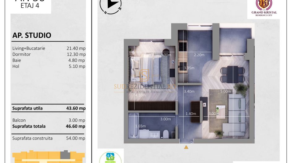 Studio 2 camere de vanzare – The Grand Kristal | pre-certificat verde - Schiță 4