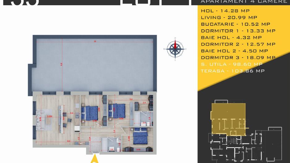 4 camere cu terasa de 100/mp  -parcare gratuita - Schiță 10
