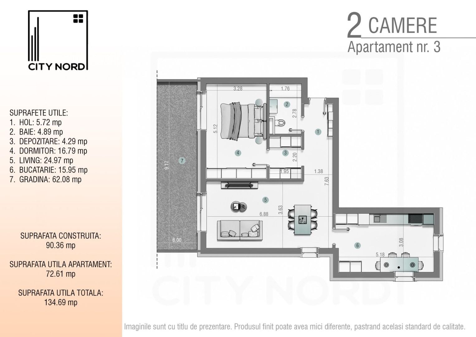 Apartament 3 – 2 camere – 72.6 mp – Grădină – Parter - Poză 1
