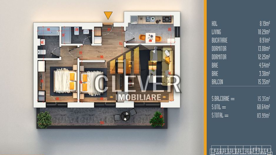 Apartament 3 camere decomandat | Balcon 15 mp - Pallady - Schiță 4