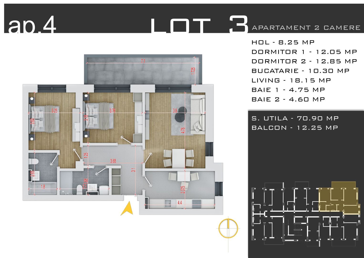 3 camere -parcare inclusa - proiect nou -Pallady - Schiță 14