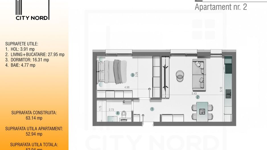 Apartament 2 – 2 camere – 52.9 mp – Parter - Poză 1