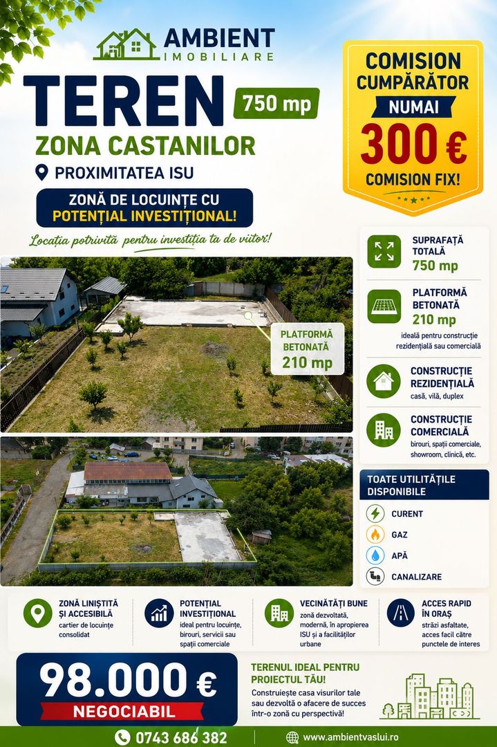 Teren intravilan 750 mp, cu toate utilitățile, VASLUI, zona CASTANILOR - ISU; - Poză 1