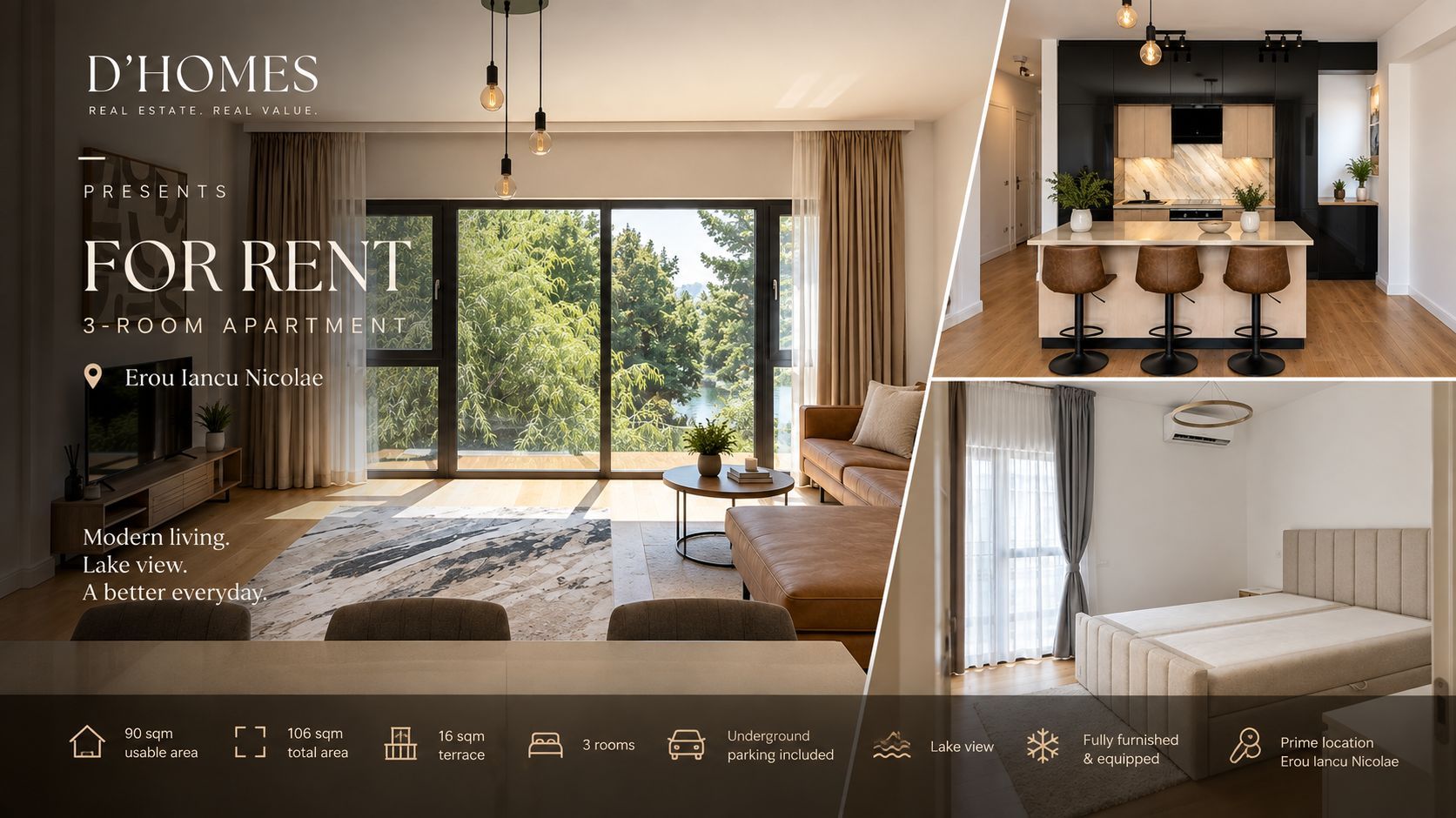 For Rent | Premium 3-Room Apartment | 90 sqm | Lake View - Poză 1