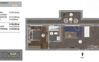 Studio spatios de vanzare, balcon 13 mp, finisaje premium, Metalurgiei - Schiță 4