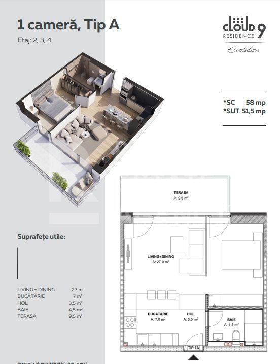 Vânzare, apartament, 1 cameră, 9Cloud, București - Schiță 2