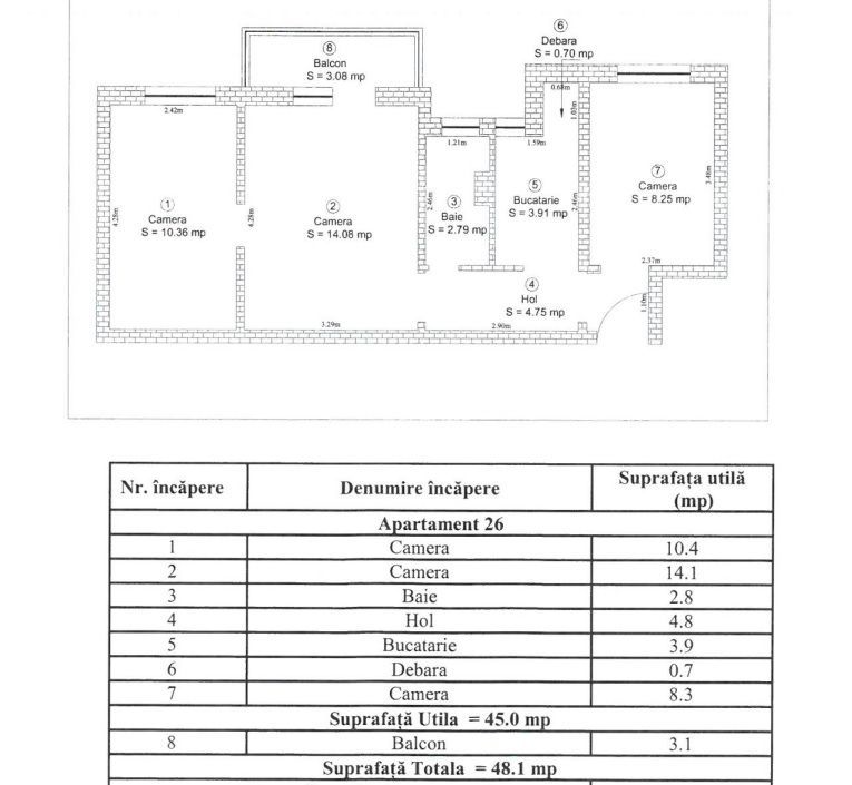 Apartament 3 camere, etaj 1, balcon închis – Aleea Șteaza - Schiță 13