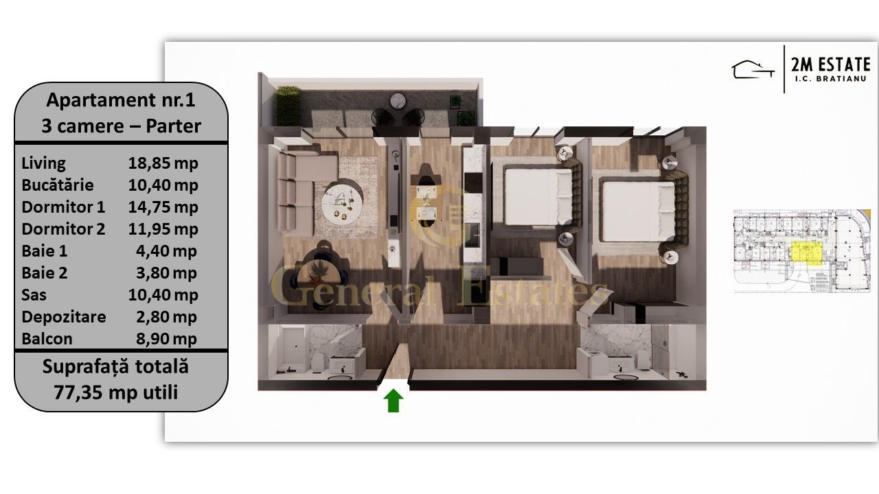 Apartament 3 camere, 75 mp utili + balcon, orientare Estica - Poză 1