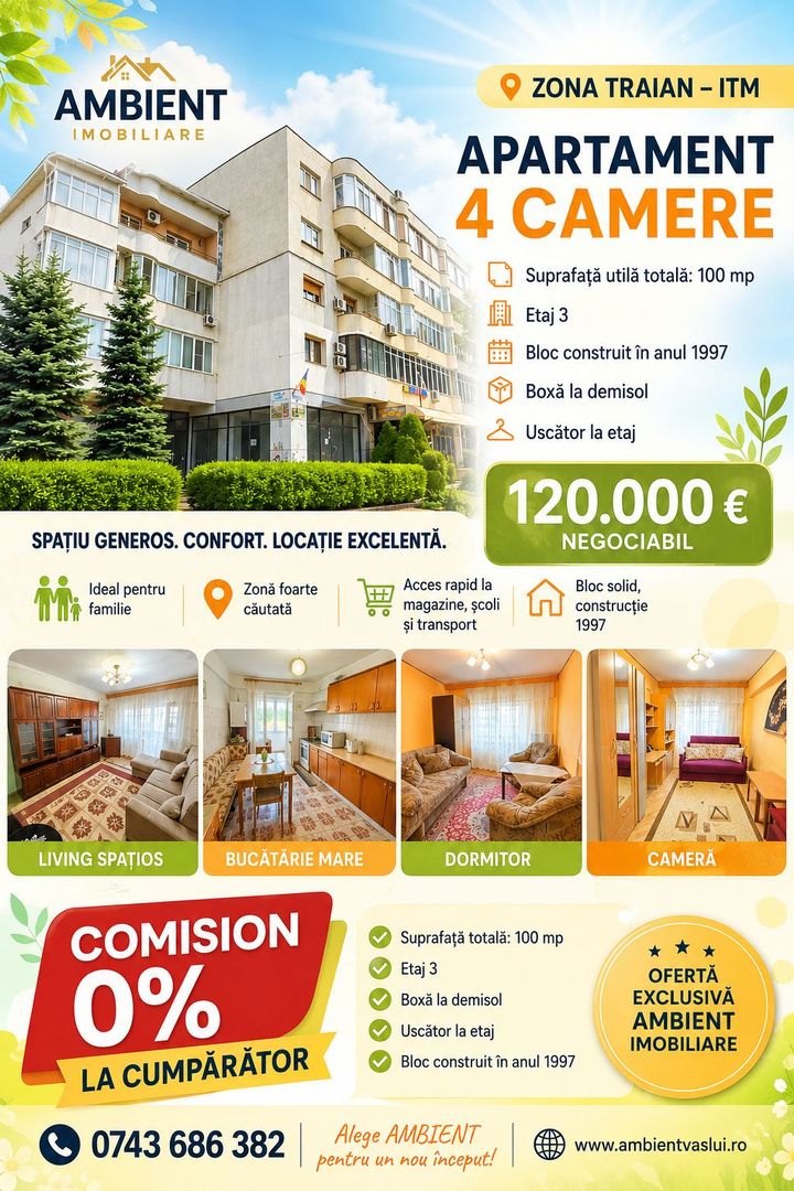 Apartament cu 4 camere, SC -133 mp, etaj 3, VASLUI - zona TRAIAN - ITM; - Poză 1