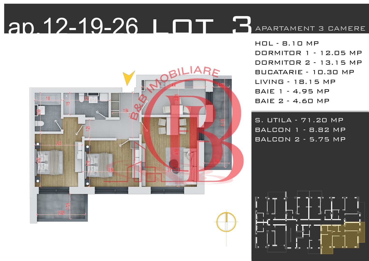 3 camere -parcare inclusa - proiect nou -Pallady - Schiță 3