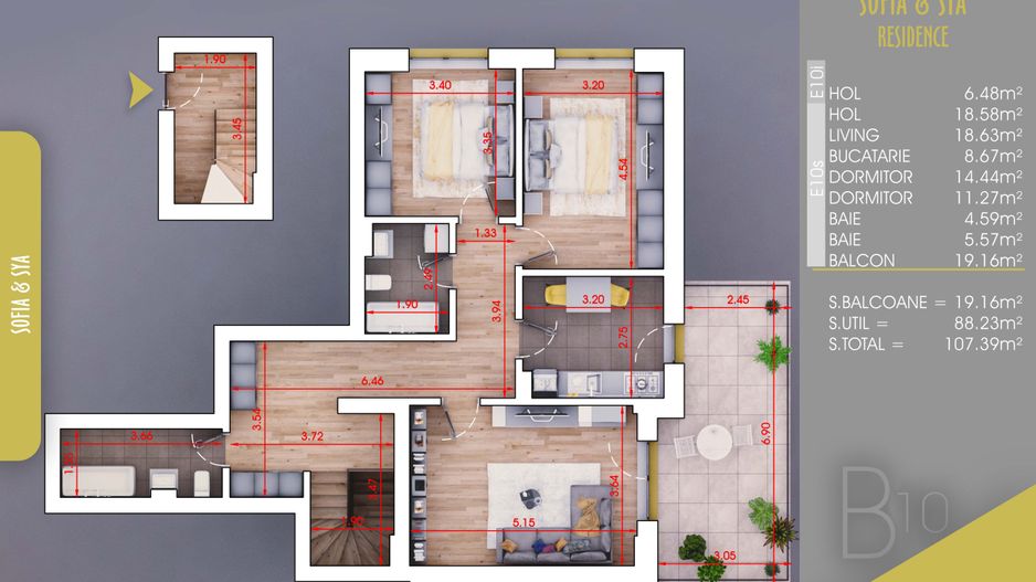3 camere duplex finalizat Parcare Bonus - Schiță 8