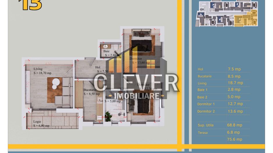 3 Camere | 75,6 mp Total | 2 Bai | Comision 0% | Pallady - Schiță 12