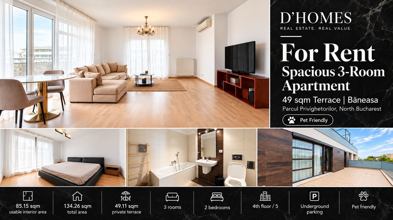 For Rent | Spacious 3-Room Apartment | 49 sqm Terrace | Băneasa - Poză 1