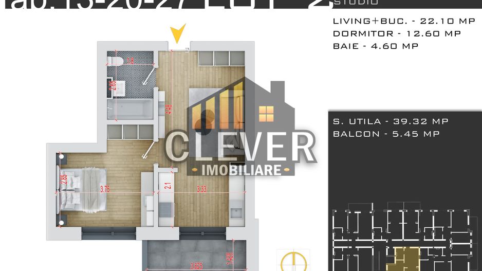 Studio cu Încălzire în Pardoseală și Parcare GRATUITĂ - Schiță 9