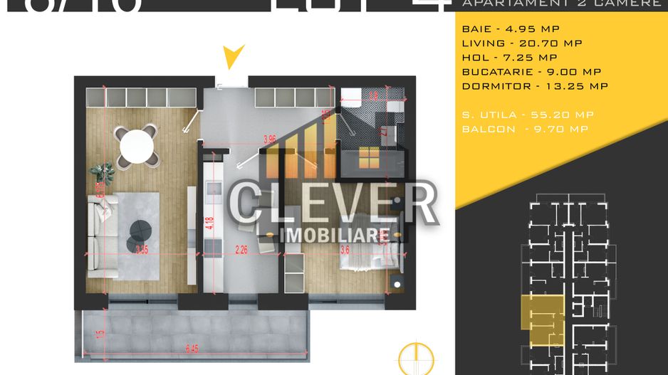 2 camere Pallady | 64,90 mp | Balcon 9,70 mp | Ansamblu P+3 - Poză 2