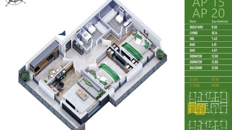 Apartament 3 camere | Ozana | Bloc nou | Nemobilat - Poză 12