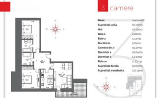 Vânzare, penthouse, 3 camere cu vedere la munte, Coder Residence - Schiță 4