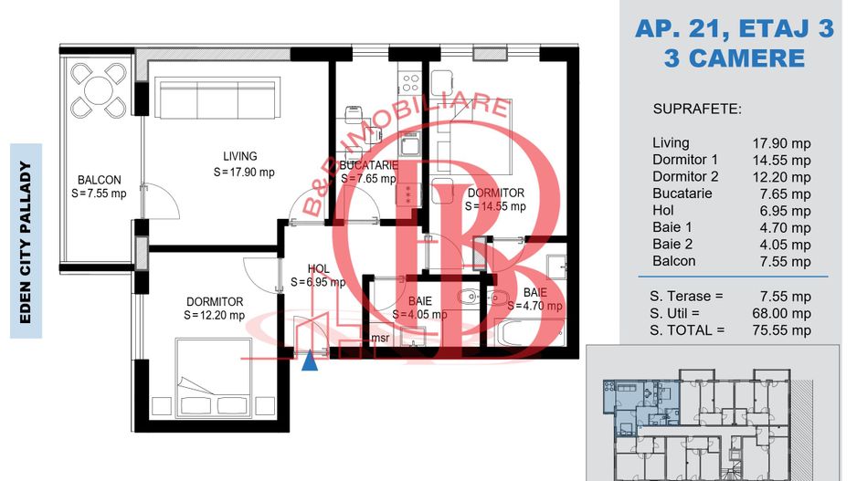 Apartament decomandat 3 Camere -Titan Pallady-Metrou Teclu - Schiță 1