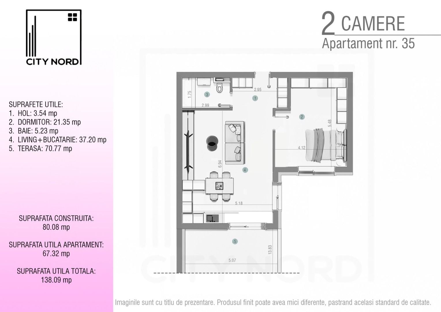 Apartament 35 – 2 camere – 67.3 mp – Terasă – Etaj 3R - Poză 1