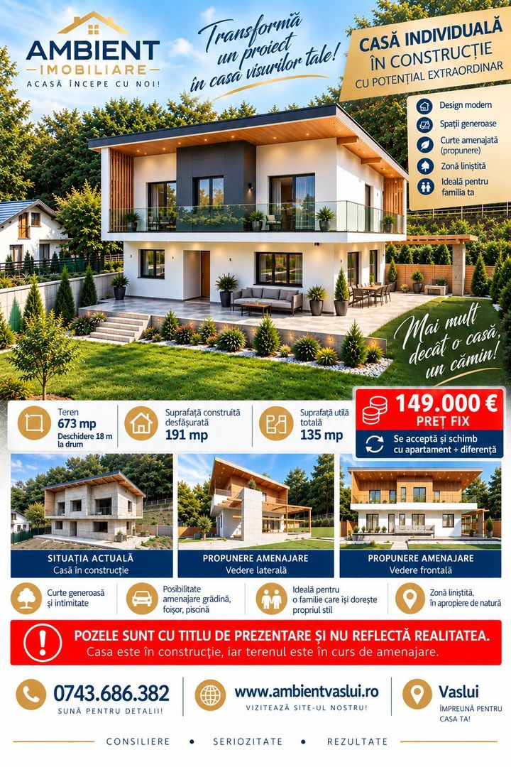 VILĂ individuală P+1E,  teren 673 mp, VASLUI zona GURA BUSTEI; - Poză 1