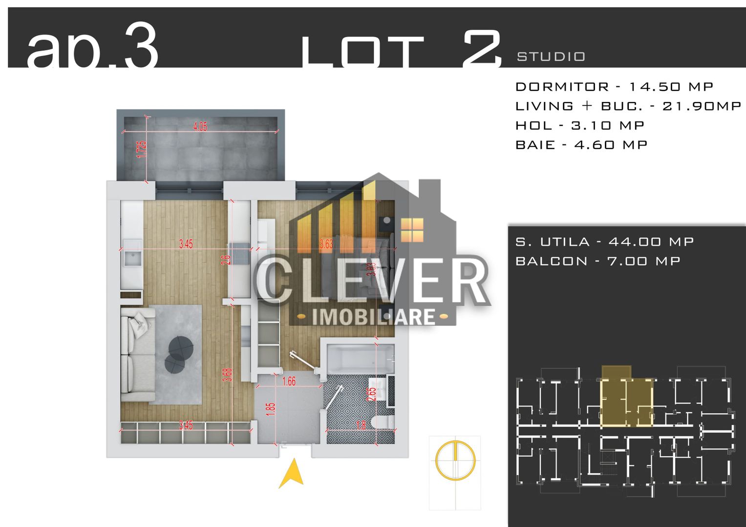 2 camere tip studio 44mp - Zona Pallady - Comision 0% - Poză 4