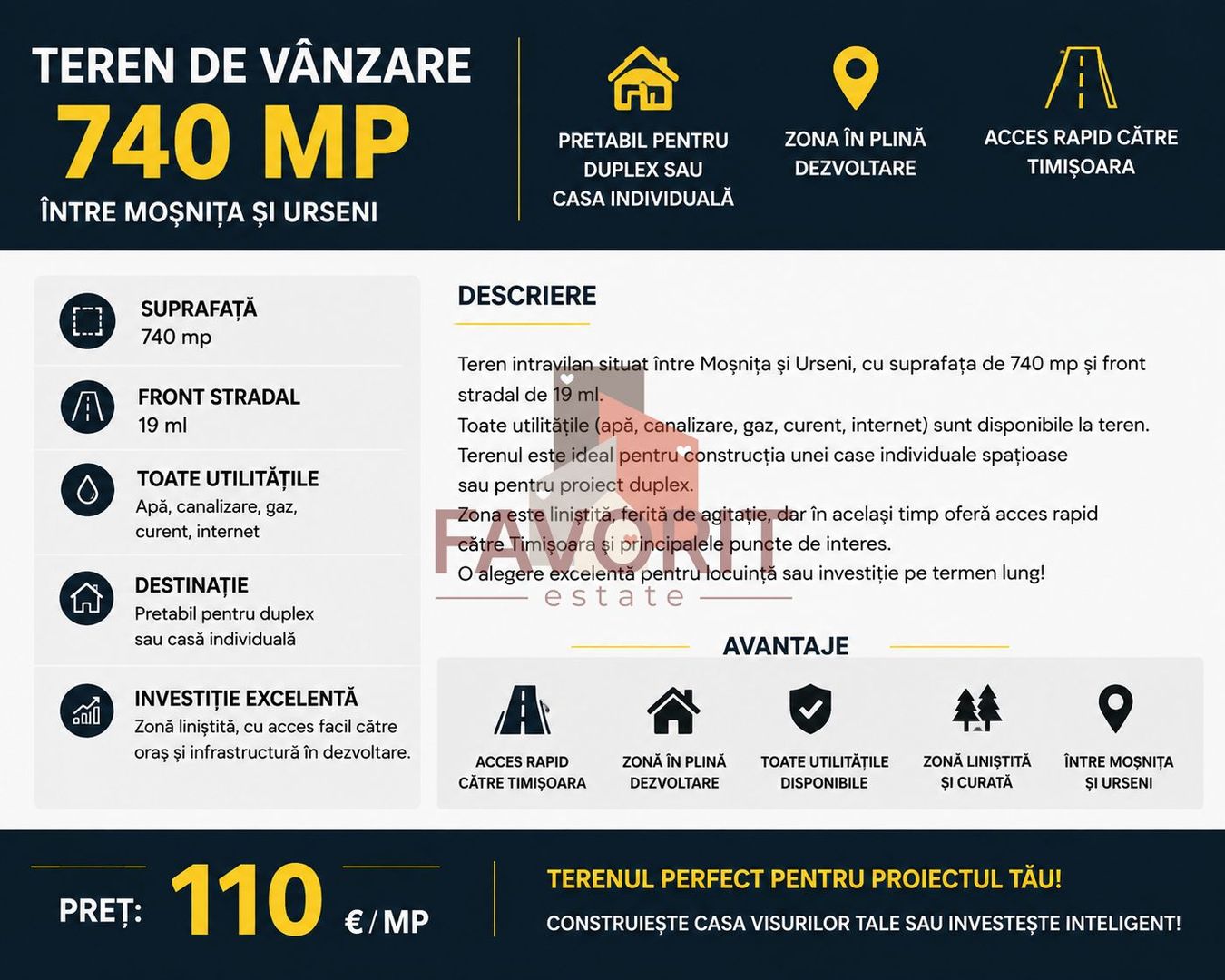 Teren 740 mp de vanzare Mosnita  | Front 19 ml | Toate utilitatile - Poză 4