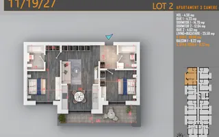 3 camere Pallady | 75,85 mp | Balcon 10 mp | 2 băi - Schiță 15