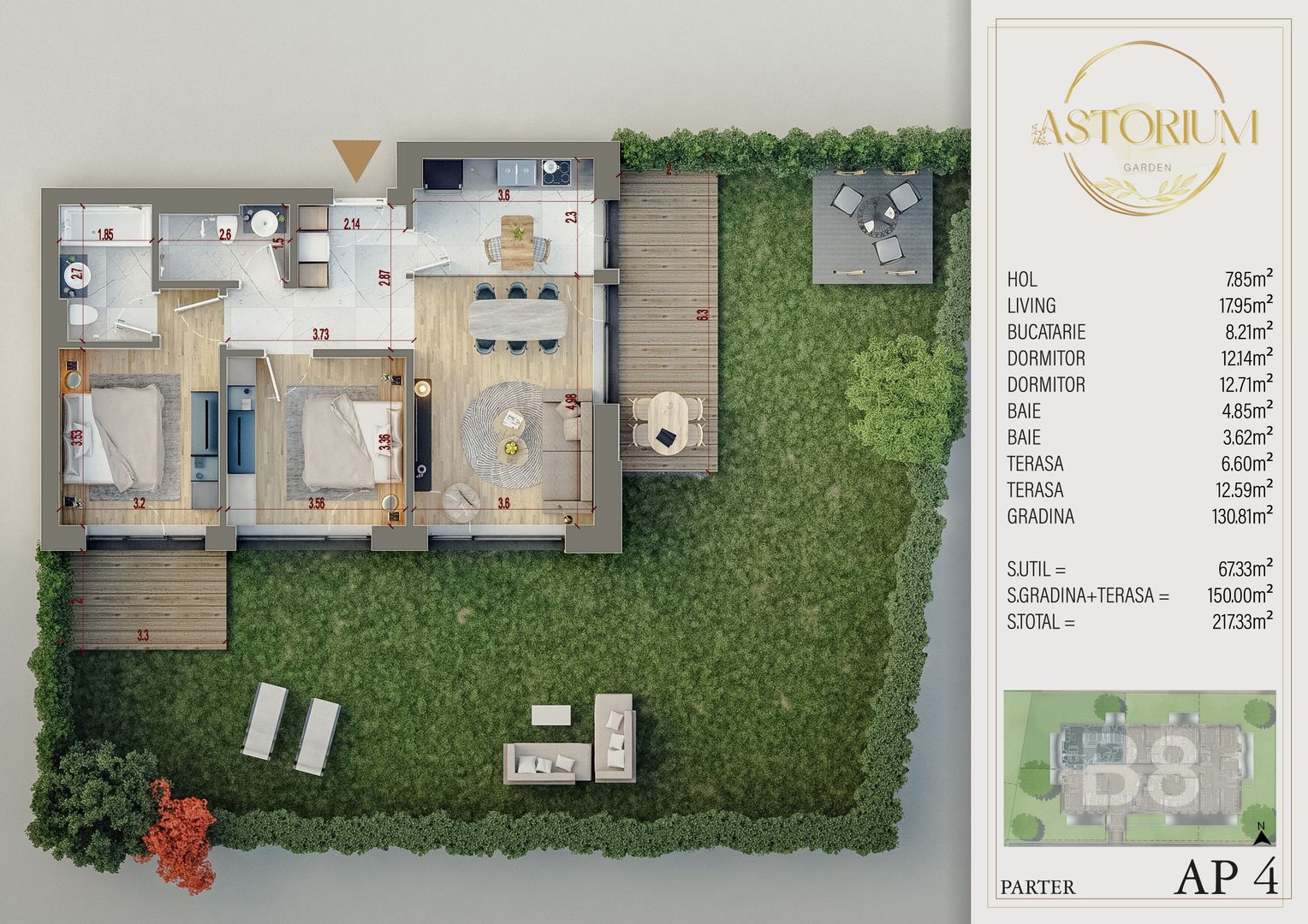 3 camere Premium 2 terase si gradina 150 mp Titan Pallady - Schiță 6