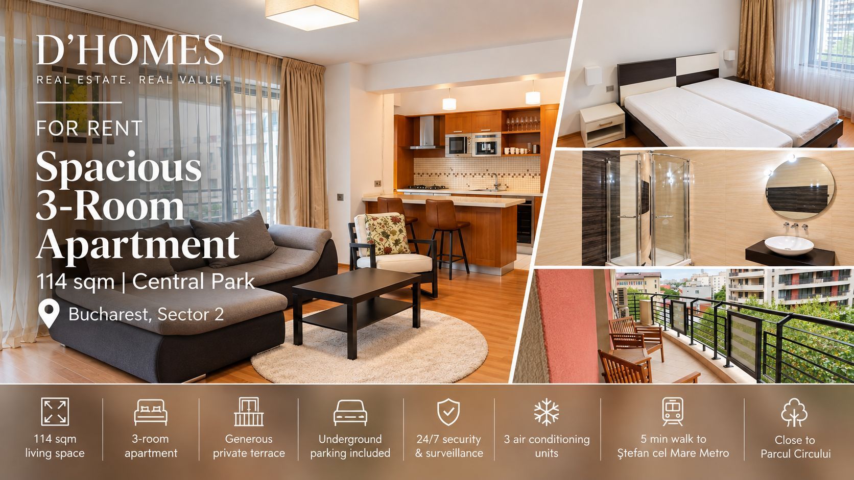 For Rent | Spacious 3-Room Apartment | 114 sqm | Central Park - Poză 1
