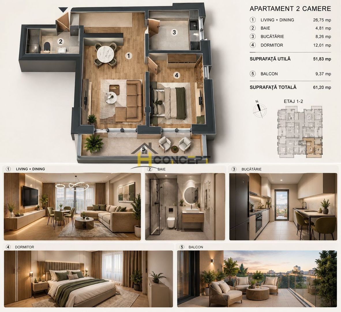 Apartament cu 2 camere, bucatarie inchisa,  Popesti Leordeni, parcare - Poză 2