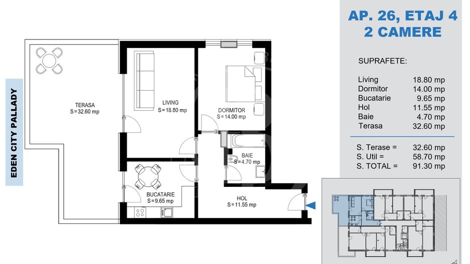 Apartament 2 Camere + terasa 32mp-Titan Pallady-Metrou Teclu - Poză 3
