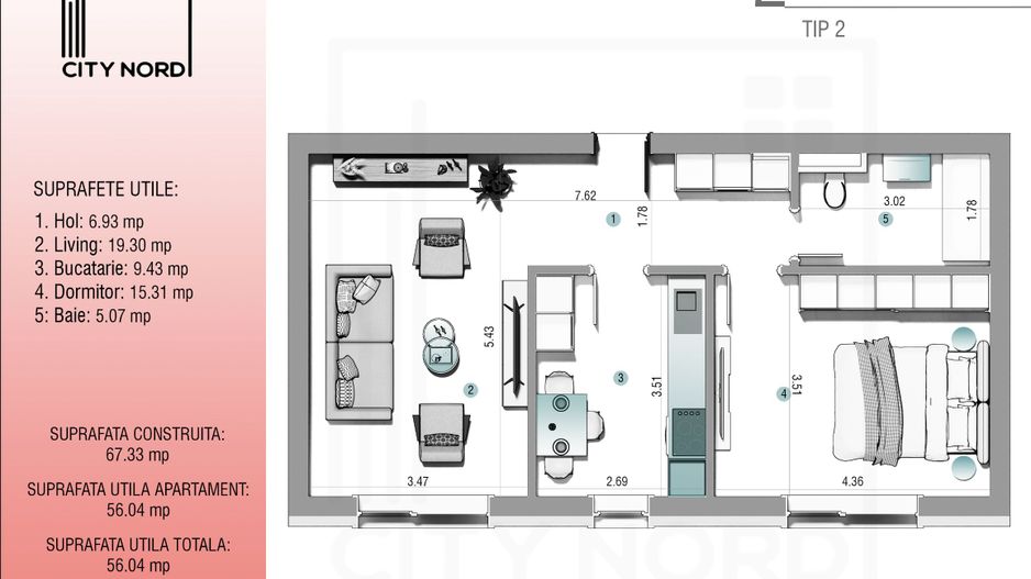 Apartament 2 camere - 56.04 mp - CITY NORD 1 Decembrie - Schiță 1