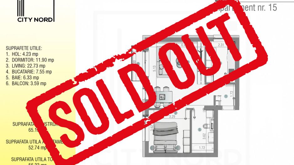 Apartament 15 / 27 – 2 camere – 52.7 mp – Balcon – Etaj 1 / Etaj 2 - Poză 1